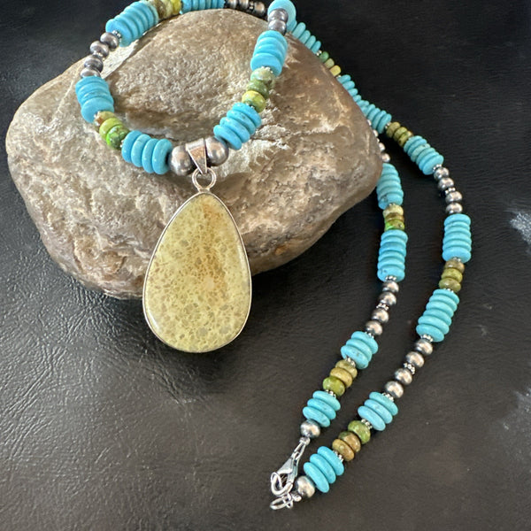Green Gaspeite Pendant Blue Turquoise Navajo Necklace 20" | Sterling Silver | Authentic Native American Handmade | 19673