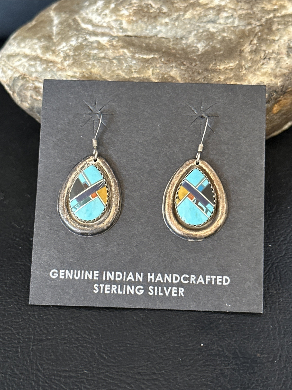 MultiColor Navajo Turquoise Spiny Oyster Inlay Sterling Silver Earrings 1" 14764