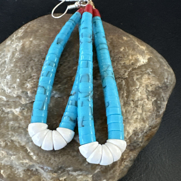 Blue Turquoise White Santo Domingo Dangle Earrings 2.75" | Sterling Silver | Authentic Native American Handmade | 18164