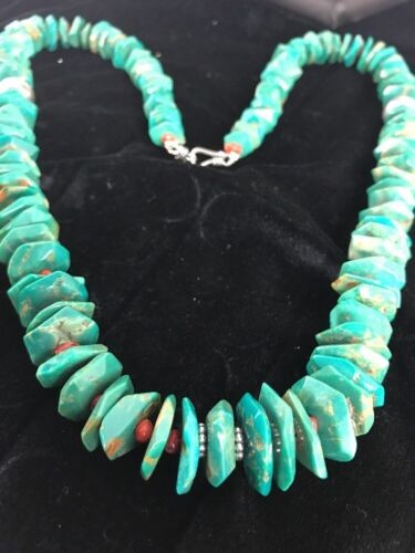 Navajo Turquoise & Spiny Oyster Necklace Sterling Silver 30" 8063