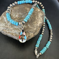 Zuni Turquoise Pink MOP Inlay Pendant 2Sided Necklace | Sterling Silver | Authentic Native American Handmade | 18062