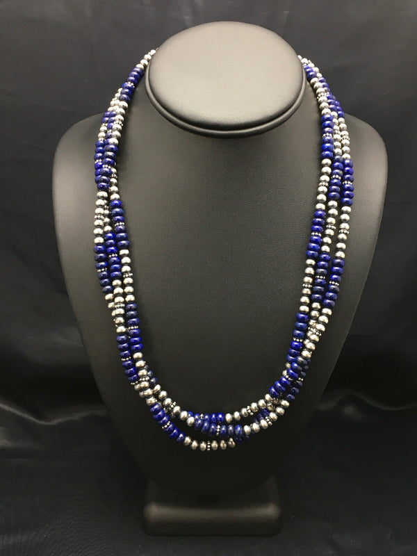 Blue Lapis Lazuli 3 Strands Navajo Beads Necklace | Sterling Silver | Authentic Native American Handmade | 02926
