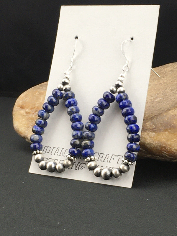 Blue Lapis Lazuli Bead Navajo Dangle Earrings 2" | Sterling Silver | Authentic Native American Handmade | 1250