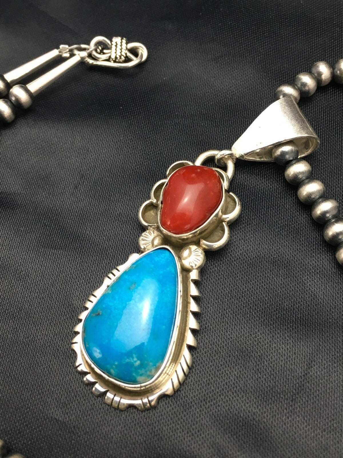 Turquoise & Coral Pendant Navajo Sterling Silver Necklace 02580