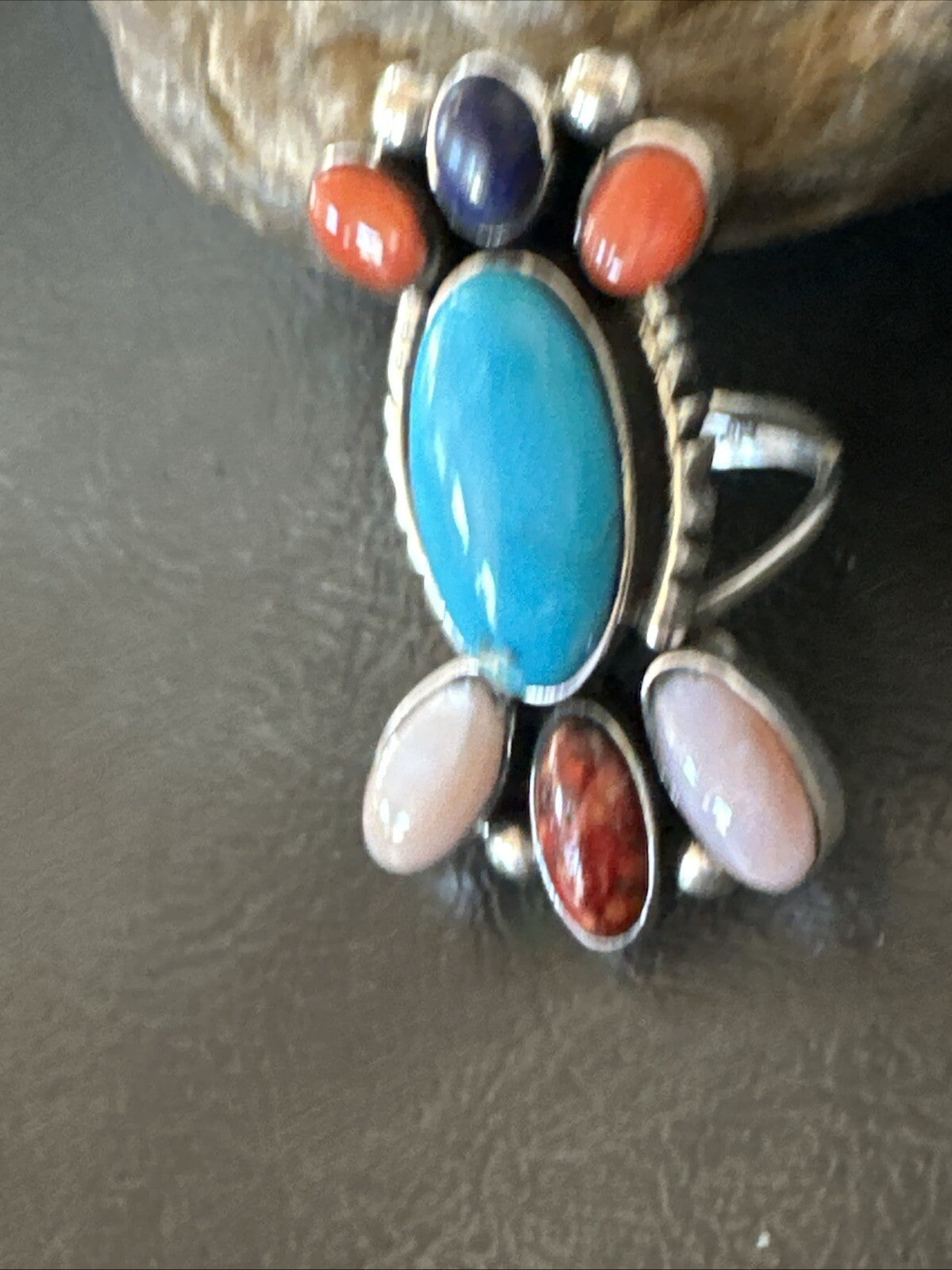 Cluster Blue Turquoise Spiny Oyster Onyx Sterling Silver Ring Size 8 18564