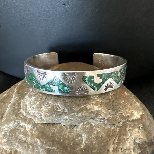 Navajo Old Pawn Handmade Blue Turquoise Chip Inlay Bracelet | Sterling Silver | Authentic Native American Handmade | 18122