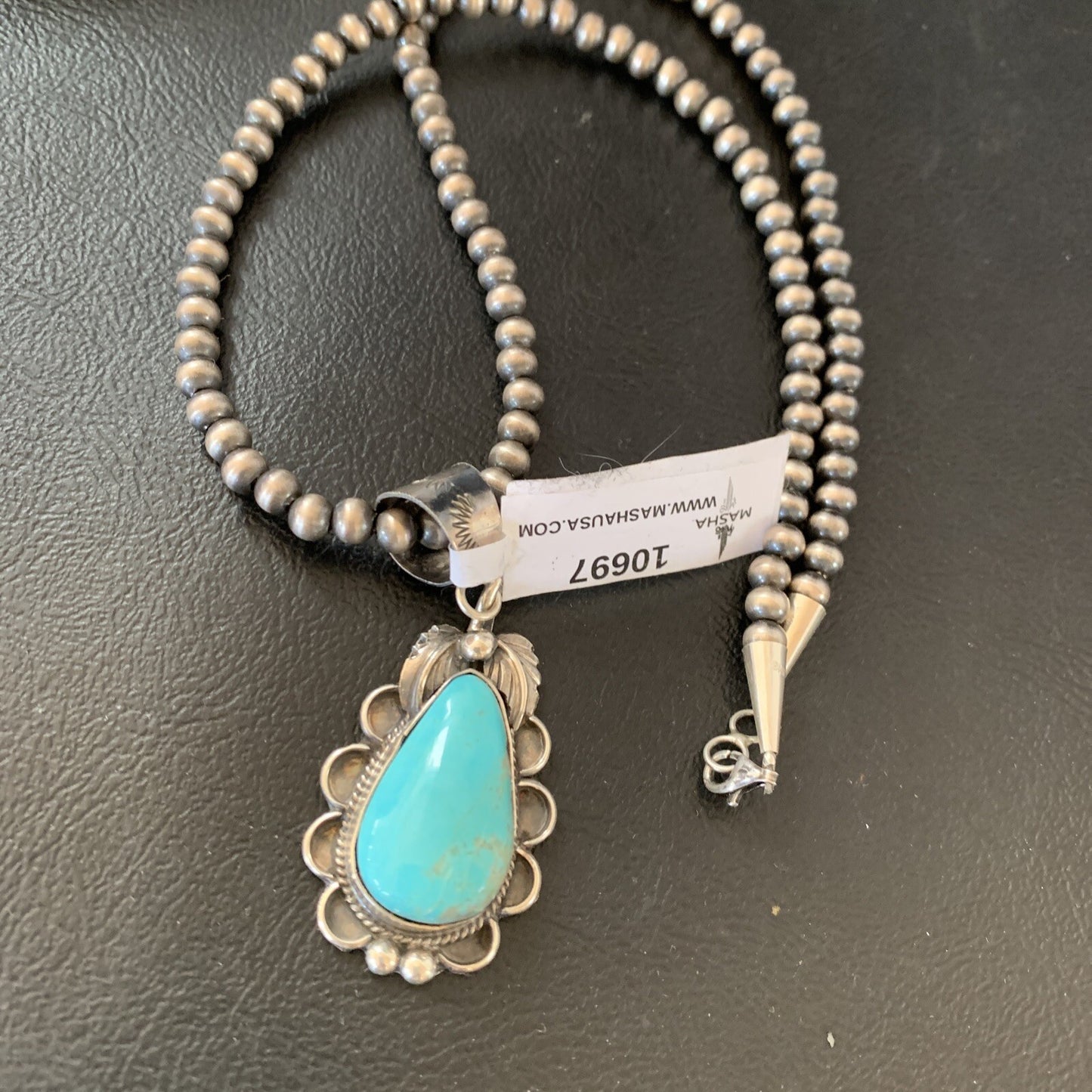 Mens Blue Kingman Turquoise Pendant Navajo Pearls Sterling Necklace 10697N
