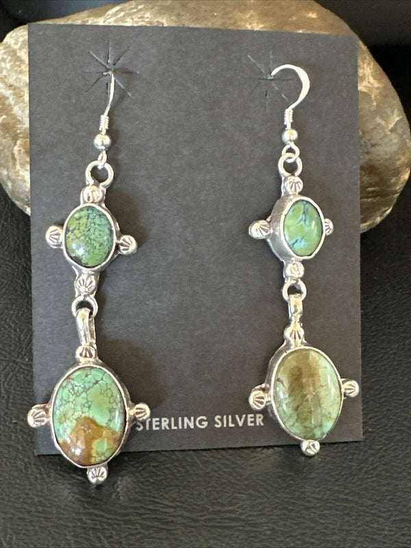 Navajo Green Turquoise Dangle Earrings 2" | Sterling Silver | Authentic Native American Handmade | 17695