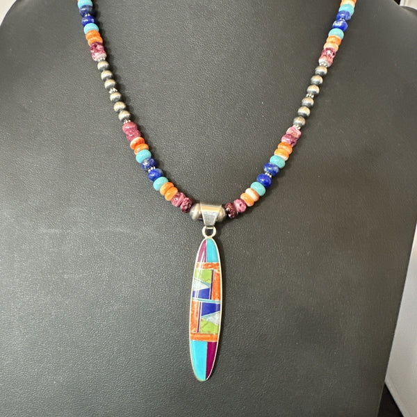 Multicolor Turquoise Spiny Navajo Inlay Pendant Necklace | Sterling Silver | Authentic Native American Handmade | 19643