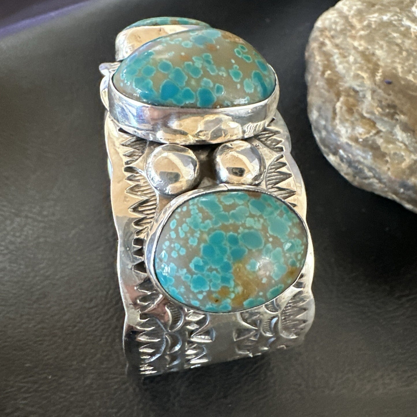 Navajo Green Royston TURQUOISE Stamped Sterling Silver Cuff Bracelet 17943