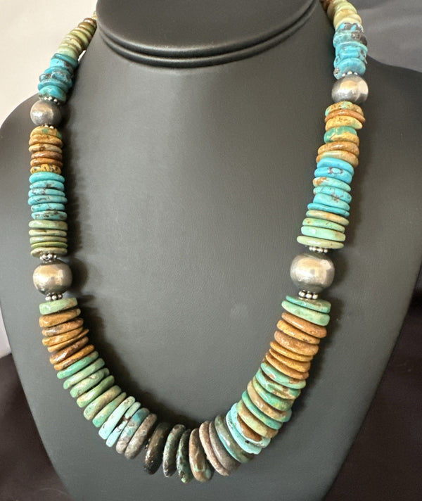 Blue Green Turquoise Navajo Beads Necklace 20" | Sterling Silver | Authentic Native American Handmade | 19176