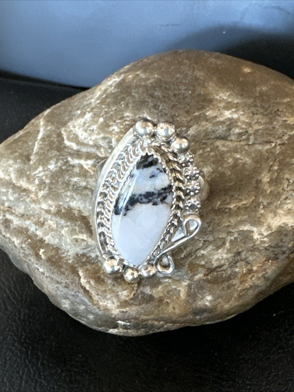 Black White Buffalo Turquoise Navajo Ring Size 11 | Sterling Silver | Authentic Native American Handmade | 19811