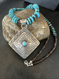 Navajo Blue Turquoise Stamped Pendant Shell 25"Necklace | Sterling Silver | Authentic Native American Handmade | 19709