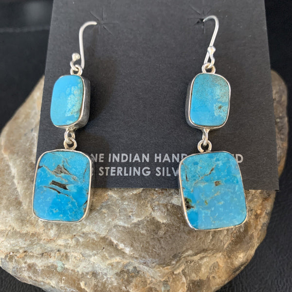 Kingman Turquoise Handmade Navajo Dangle Earrings 1.5" | Sterling Silver | Authentic Native American Handmade | 13898