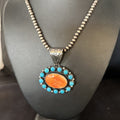 Blue Cluster Kingman Turquoise Orange Spiny Oyster Pendant | Sterling Silver | Authentic Native American Handmade | 14353
