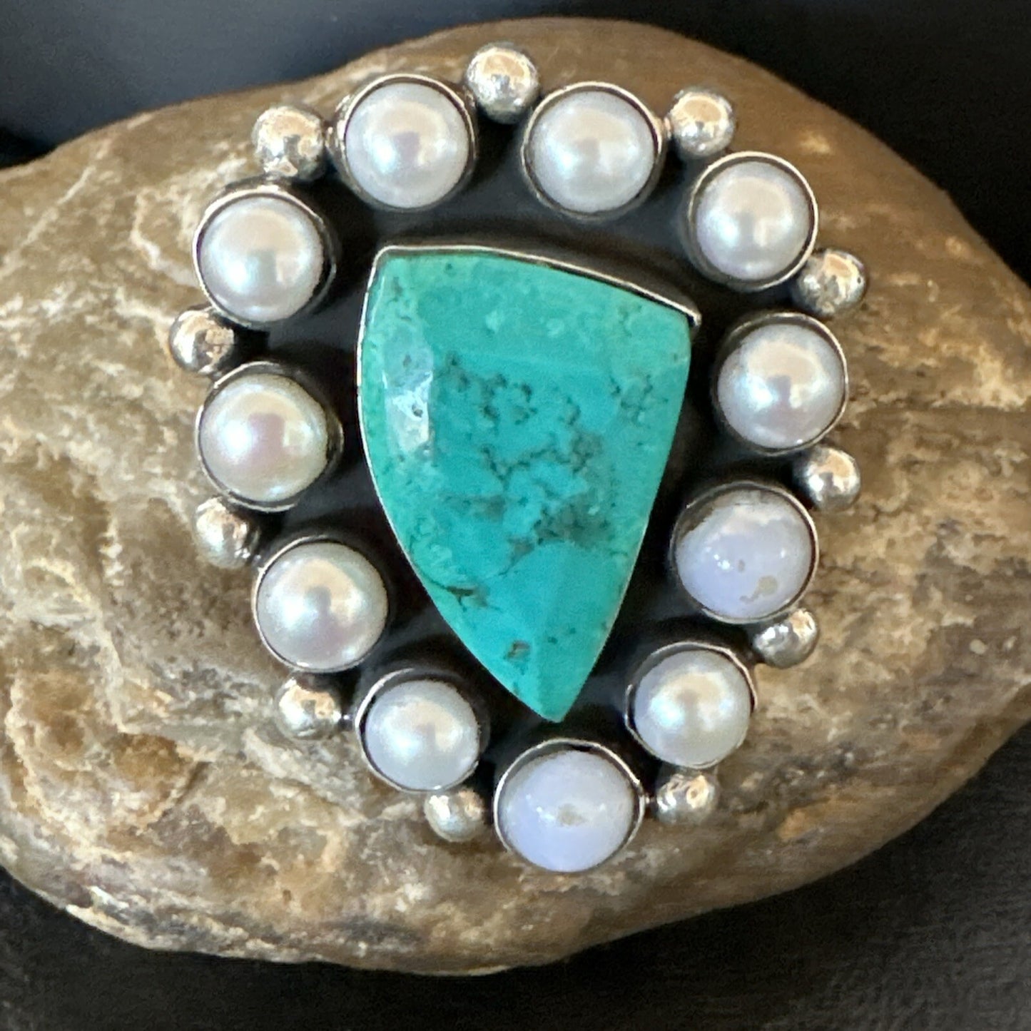 Blue Turquoise White Pearls Navajo Sterling Silver Cluster Ring Size 10.5 18398
