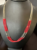 Red Coral Heishi Liquid 5S Necklace 20" | Sterling Silver | Authentic Native American Handmade | 17739