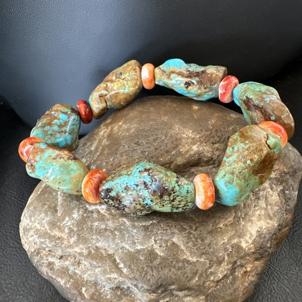 Men's Women's Green Turquoise Spiny Stretch Stone Friendship Bracelet 7" | Authentic Native American Handmade | 18862