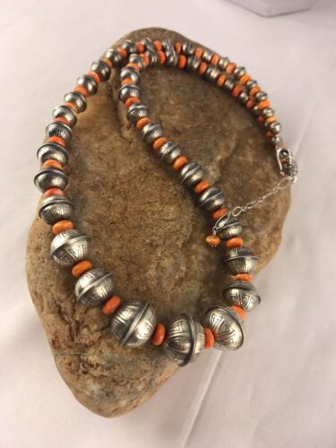 Navajo Pearls Spiny Oyster Bench Bead Necklace | Sterling Silver | 22" Single Strand| Authentic Native American Handmade | 9954