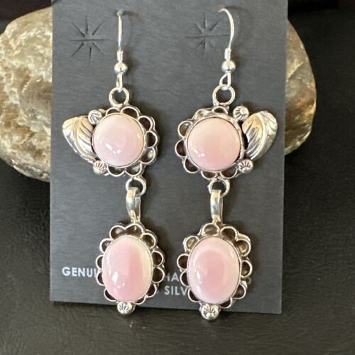 Navajo Pink Conch Shell Dangle Earrings | Sterling Silver | Authentic Native American Handmade | 17214