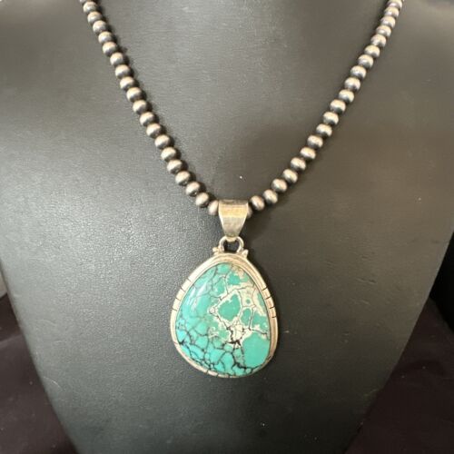 Men's Navajo Blue Spiderweb Turquoise Pendant Necklace | Sterling Silver | Authentic Native American Handmade | 16203
