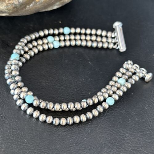 Navajo Pearls Sterling Silver Blue Turquoise 3-Strand Bracelet | 8.5" | Authentic Native American Handmade | 13576