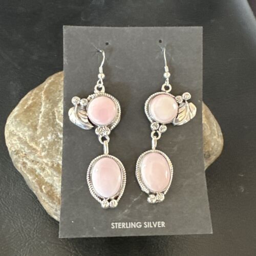 Navajo Pink Conch Shell Dangle Earrings | Sterling Silver | Authentic Native American Handmade | 17197