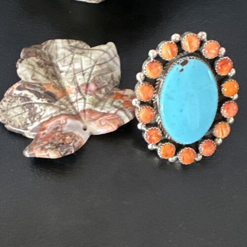 Navajo Turquoise & Spiny Oyster Cluster Ring | Authentic Native American Sterling Silver | Multi-Stone | Sz 12 | 16027