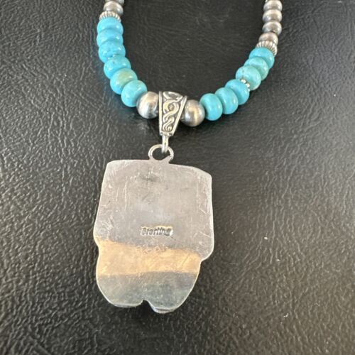 Navajo Blue Turquoise Pendant Necklace | Sterling Silver Pearls | Authentic Native American Handmade | 15420