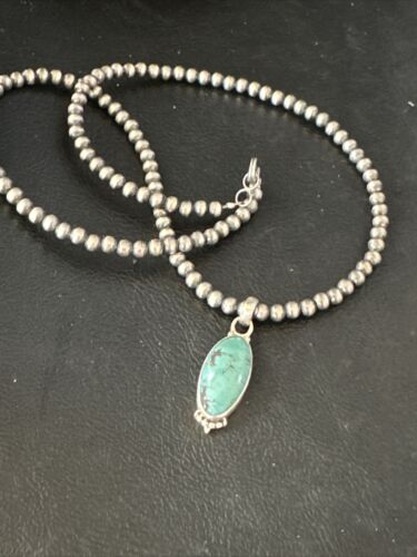 Navajo Pearls Kingman Turquoise Pendant Necklace | Sterling Silver | Authentic Native American Handmade | 14896