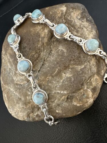 Navajo Blue Larimar Link Bracelet | Sterling Silver | 8" | Authentic Native American Handmade | 16078