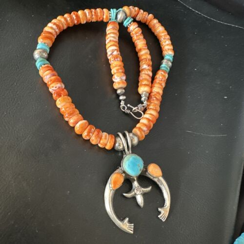 Navajo Blue Turquoise Spiny Naja Pendant Necklace | Sterling Silver | 23" | Authentic Native American Handmade | 14931