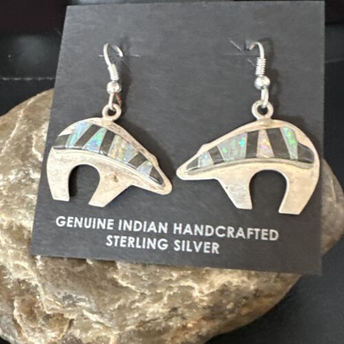 Navajo Onyx White Opal Inlay Dangle Earrings | Sterling Silver | Authentic Native American Handmade | 15352