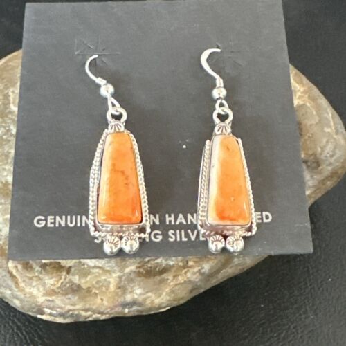 Navajo Orange Spiny Oyster Dangle Earrings | Sterling Silver | Authentic Native American Handmade | 17272