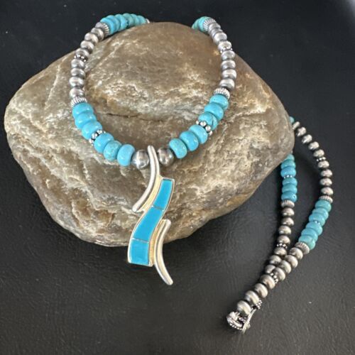 Navajo Blue Turquoise Pendant Necklace | Sterling Silver with Pearls | Authentic Native American Handmade | 15376