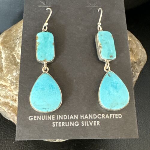 Navajo Blue Kingman Turquoise Dangle Earrings | Sterling Silver | Authentic Native American Handmade | 15123