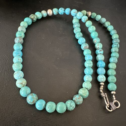 Navajo Blue Turquoise Necklace | Sterling Silver Pearls | 22" | Authentic Native American Handmade | 16951