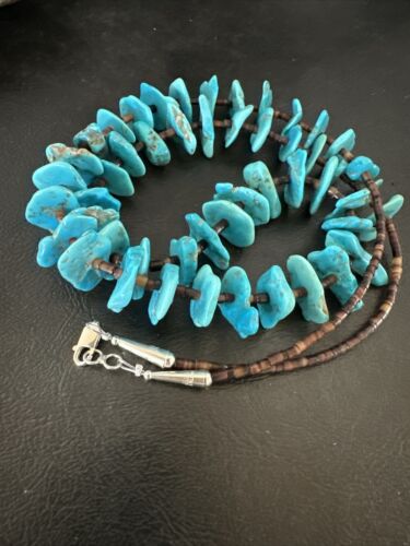 Navajo Kingman Turquoise Shell Heishi Bead Necklace | Sterling Silver | 28" | Authentic Native American Handmade | 17450