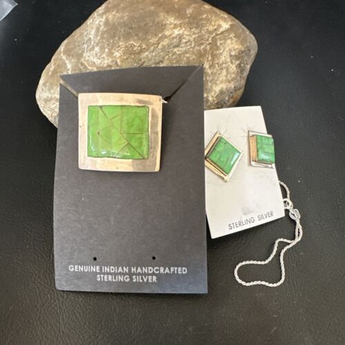 Navajo Green Gaspeite Pendant Necklace & Earrings Set | Sterling Silver | Authentic Native American Handmade | 3763