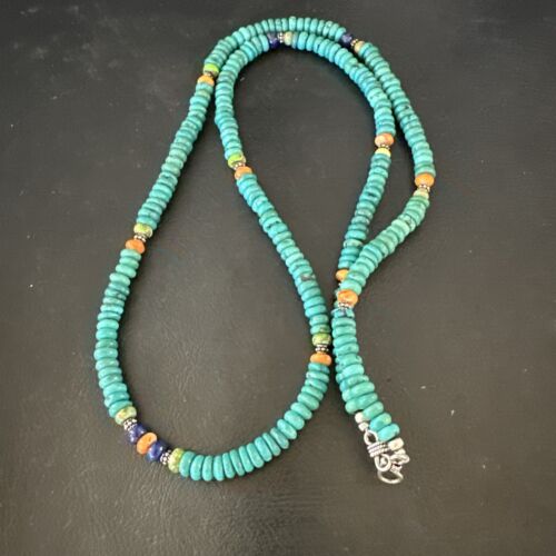 Navajo Blue Turquoise Spiny Oyster Necklace | Sterling Silver | 31" | Authentic Native American Handmade | 17487
