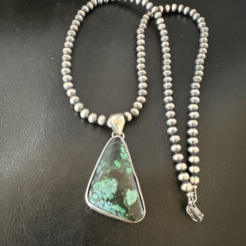 Men's Navajo Sterling Silver Necklace Pendant | Green Spiderweb Turquoise | Authentic Native American Handmade | 16215