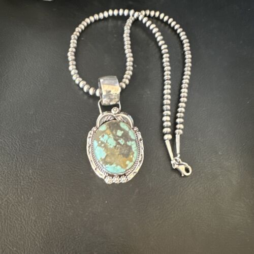 Men's Blue #8 Turquoise Pendant Necklace | Navajo Sterling Silver | Authentic Native American Handmade | 14974