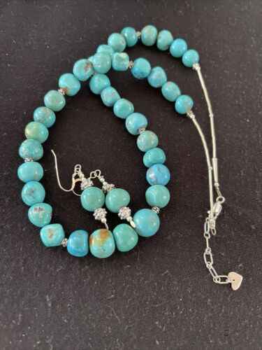 Navajo Blue Turquoise Earrings & Necklace Set | Sterling Silver | 20" | Authentic Native American Handmade | 01234