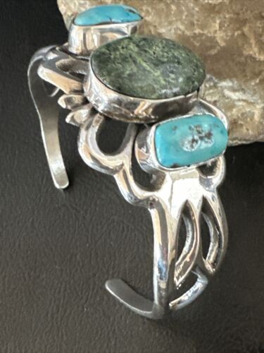 Kingman Turquoise Navajo Cuff Bracelet | Sterling Silver Tufa Cast | Authentic Native American Handmade | 16785