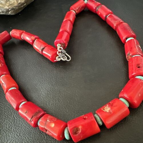Navajo Red Coral Turquoise Bead Necklace | Sterling Silver | 20" | Authentic Native American Handmade | 16816