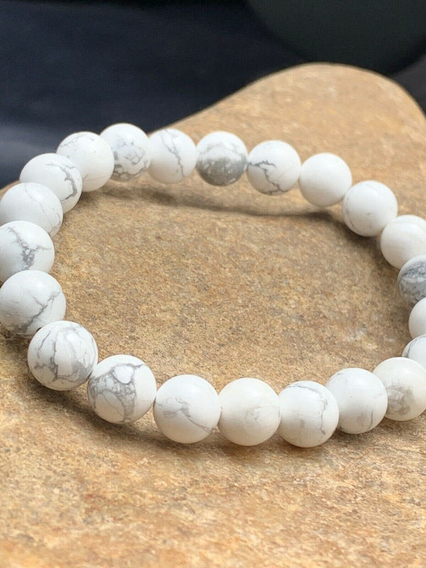 White Howlite Bead Mala Bracelet | 8mm | Stretchable | Authentic Native American Handmade | 4603