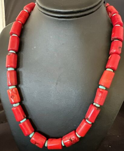 Navajo Red Coral Turquoise Bead Necklace | Sterling Silver | 20" | Authentic Native American Handmade | 16816
