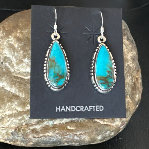 Navajo Blue Turquoise Dangle Earrings | Sterling Silver | Authentic Native American Handmade | 16505