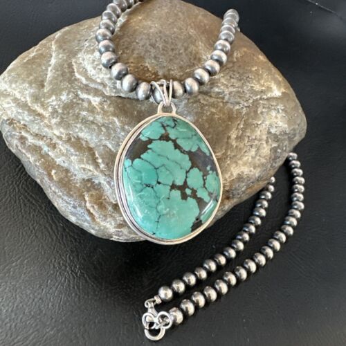 Men's Navajo Blue Spiderweb Turquoise Pendant Necklace | Sterling Silver | Native American Handmade | 16272