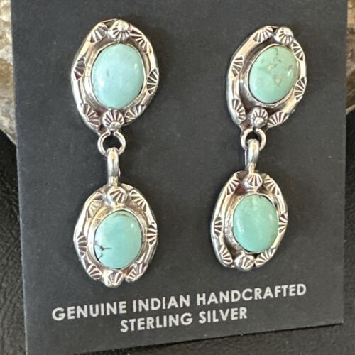 Dry Creek Turquoise Navajo Post Dangle Earrings | Sterling Silver | 1.5" | Authentic Native American Handmade | 17383
